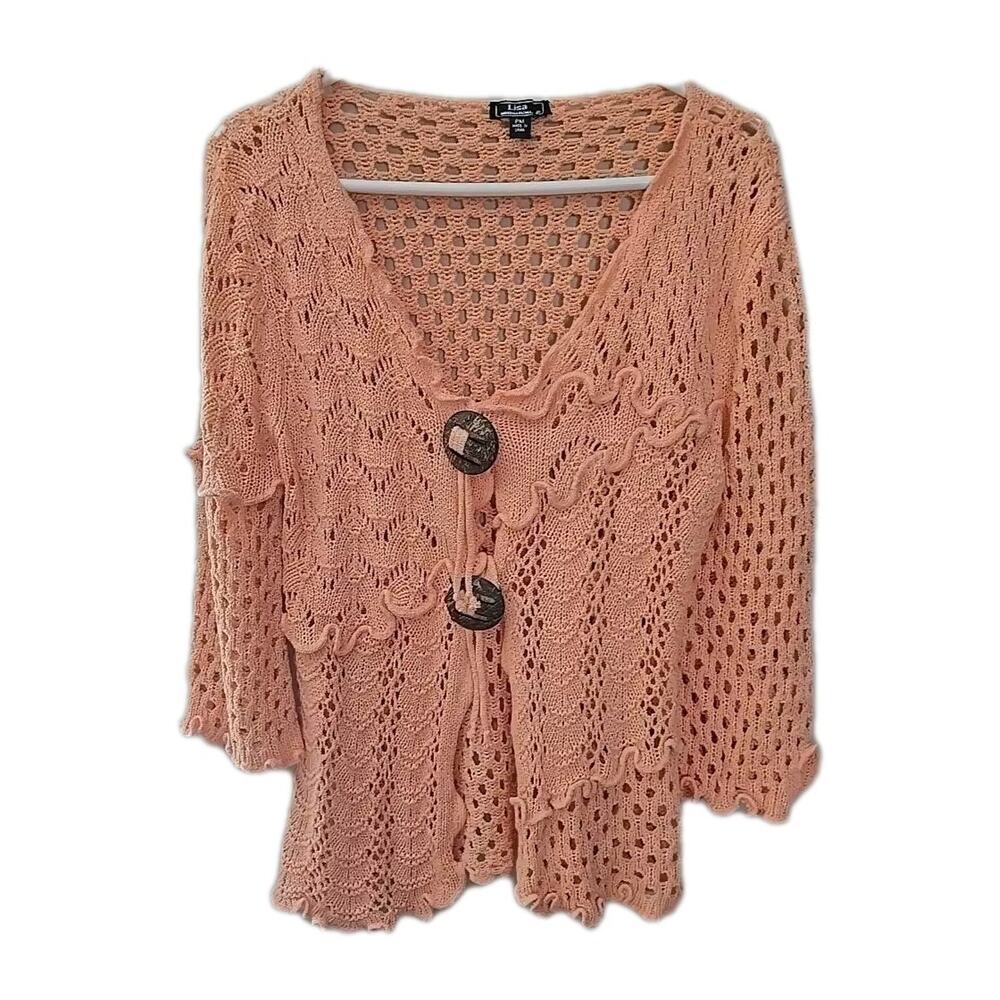 Lisa International Y2k Prep Orange Open Knit Cardigan Sweater Womans Med‎ Petite